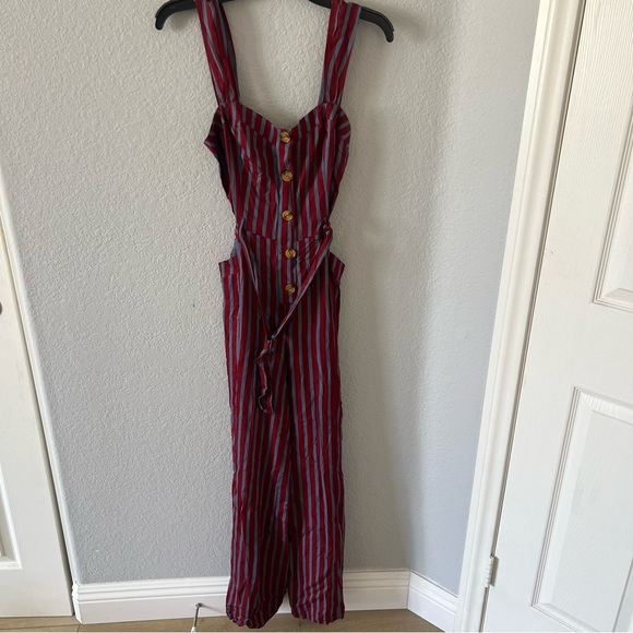 Free People City Girl Jumpsuit Size 6 Wine Blue Stripe - Picture 2 of 7